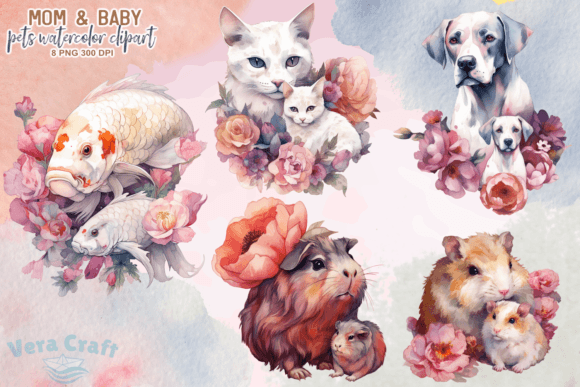 Download Mom &amp; Baby Pets Watercolor Clipart - Pets Collection
