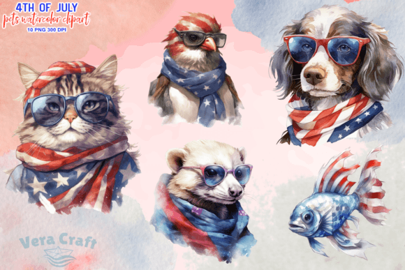 Download 4th of July Pets Watercolor Clipart - Pets Collection