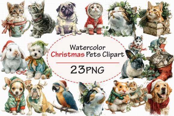 Download Watercolor Christmas Pets Clipart Bundle - Pets Collection
