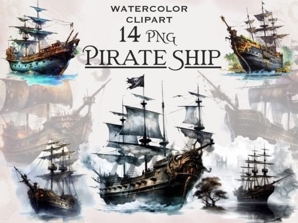 Download Watercolor Pirate Ship Clipart - Premium Bundle